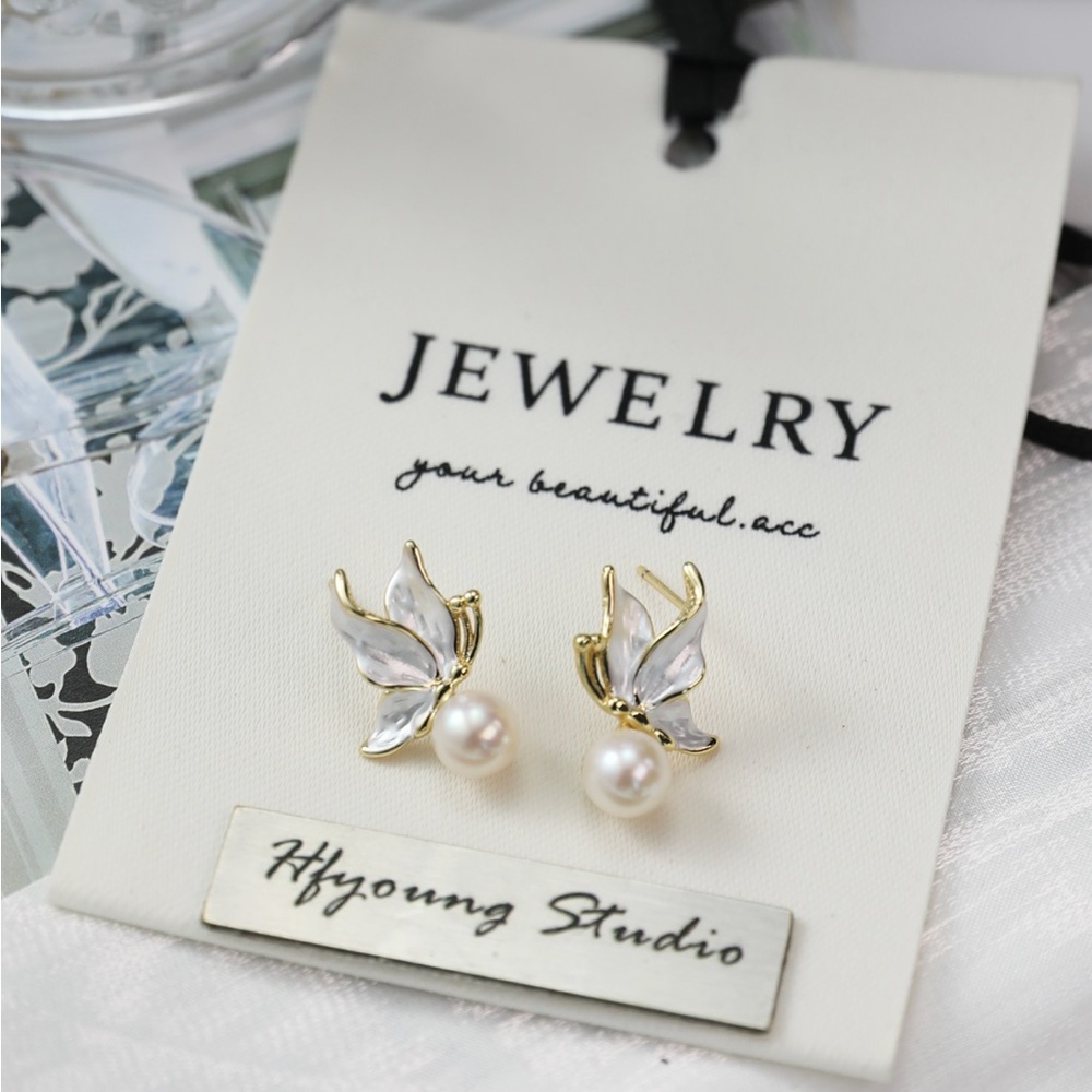 White Butterfly Freshwater Pearl Earrings